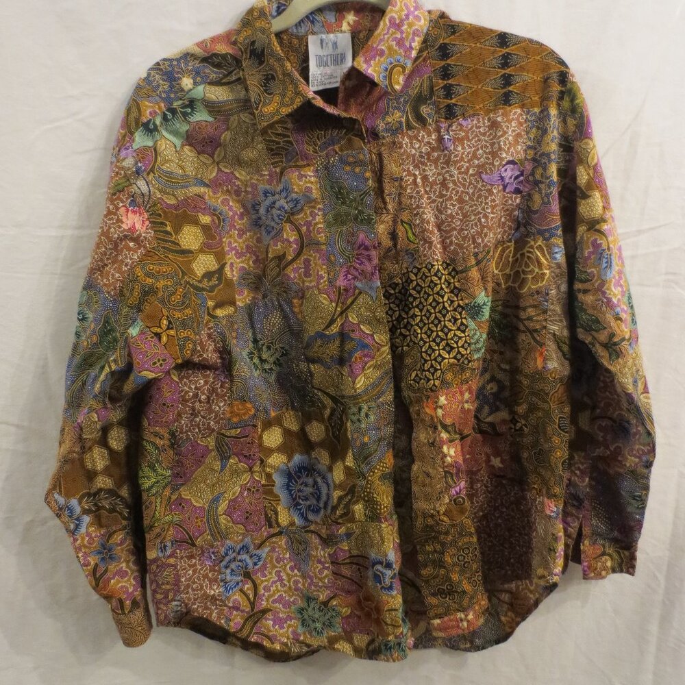 Vintage Together Woman's Mixed Print Button Down Blouse / Shirt - Size: Large